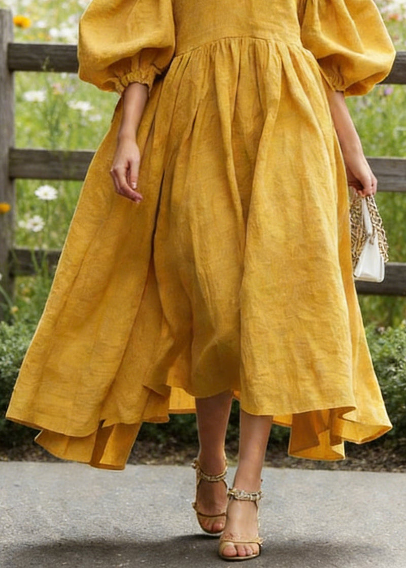 Yellow Exra Large Hem Cotton Maxi Dresses Lantern Sleeve