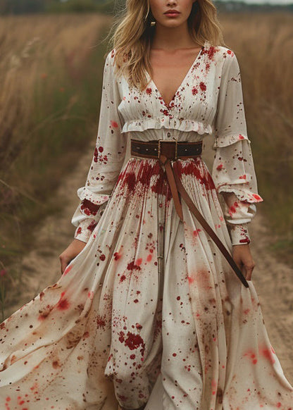 Unique V Neck Ruffled Print Patchwork Cotton Dresses Long Sleeve