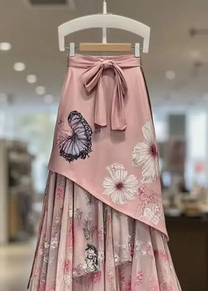 Pink Print Lace Up Patchwork Chiffon Skirts Summer