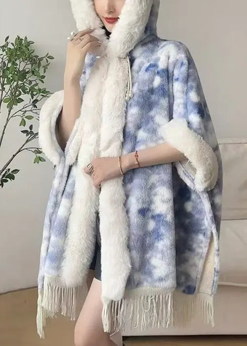 Blue Button Patchwork Warm Fleece Coats Hooded Batwing Sleeve