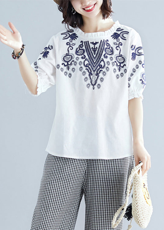White Embroideried Cotton T Shirt Summer