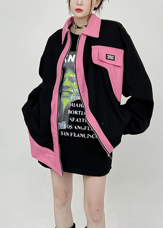 Black Peter Pan Collar Zip Up Cotton Coats Long Sleeve