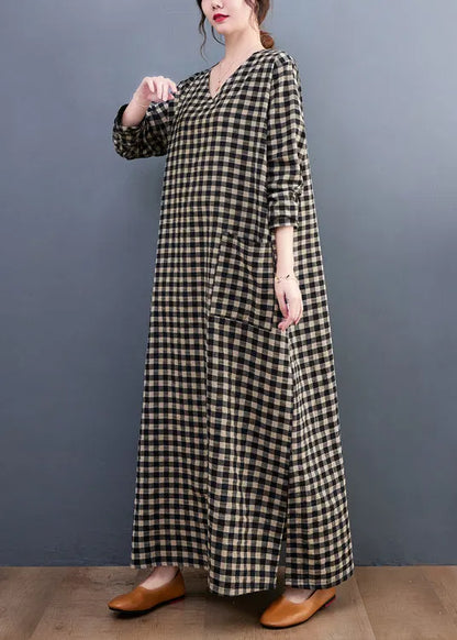 V Neck Plaid Pockets Cotton Long Dress Summer
