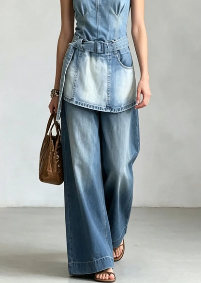 French Blue O-neck Pockets Denim Sets 2 Pieces Sleeveless