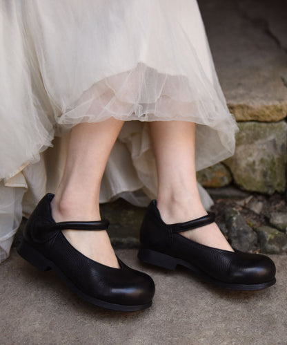 Black Cowhide Leather Splicing Buckle Strap Flats