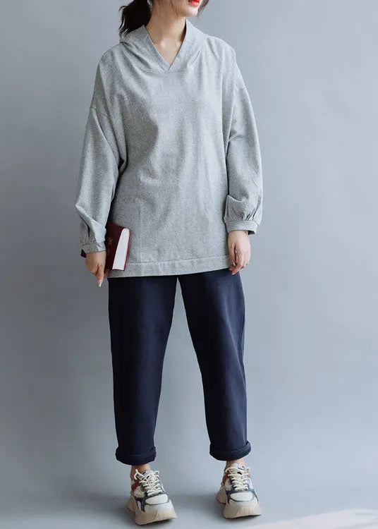Grey Elastic Waist Cotton Straight Pants Spring