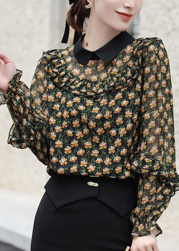 Black Peter Pan Collar Ruffles Patchwork Print Chiffon Blouses Spring