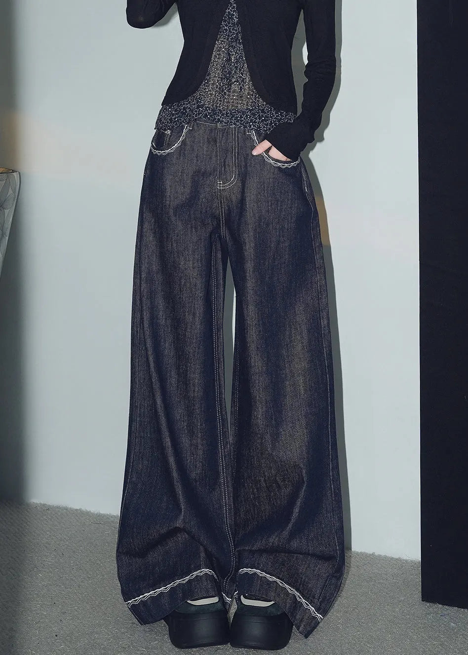 New Navy Original Design Pockets Denim Wide Leg Pants Spring