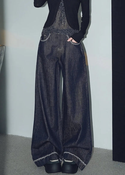 New Navy Original Design Pockets Denim Wide Leg Pants Spring