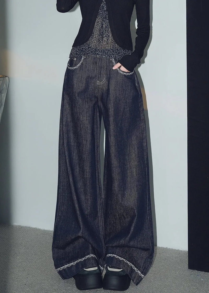 New Navy Original Design Pockets Denim Wide Leg Pants Spring