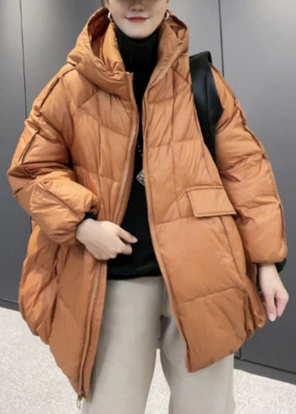 Orange Hooded Zippered Patchwork Duck Down Coat Long Sleeve