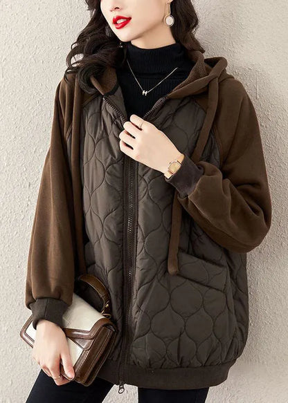 Chocolate Hooded Drawstring Patchwork Fine Cotton Filled Witner Coat