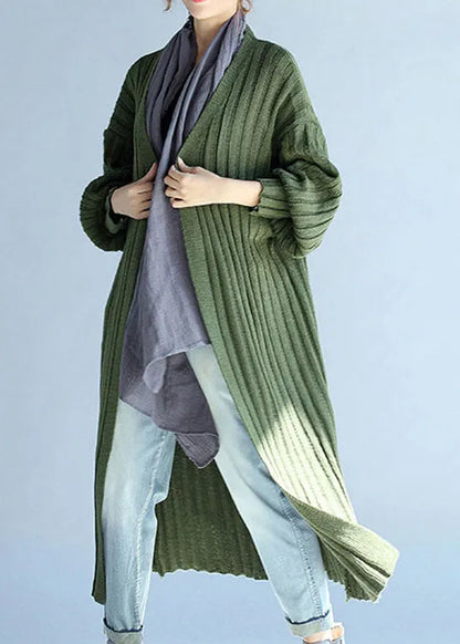 Green V Neck Lantern Sleeve Fall Knit Long Sweaters Coat