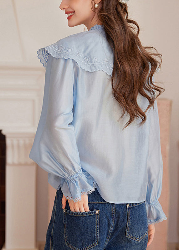 Blue Embroidered Tie Lace Tops Fall
