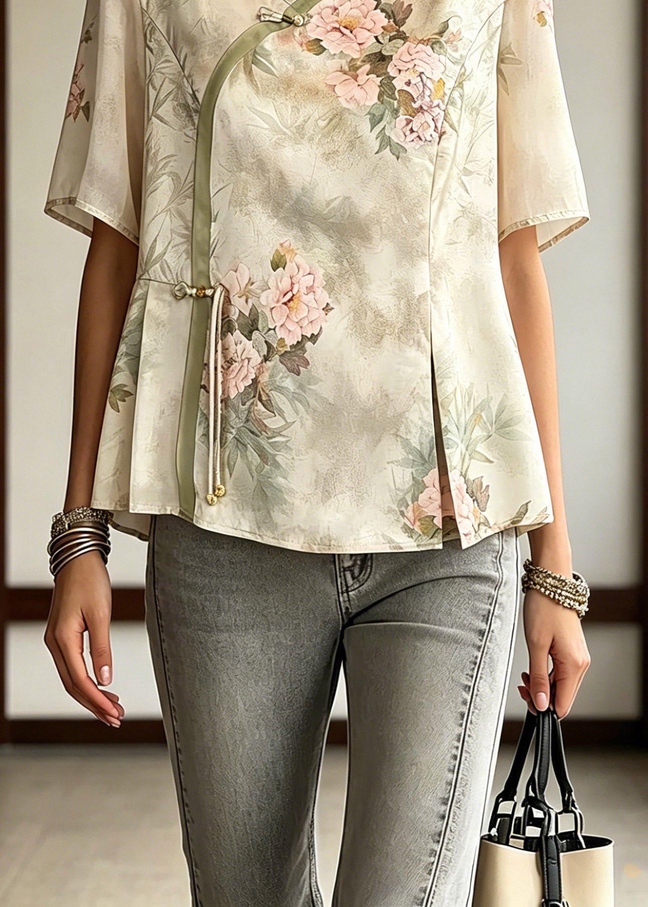 Light Green V Neck Patchwork Button Chiffon Top Summer