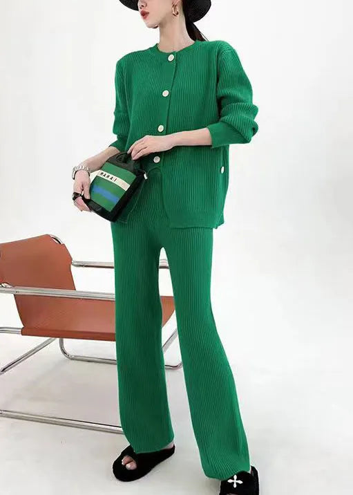 Khaki Asymmetrical Button Patchwork Cotton Knit Two Pieces Set Fall