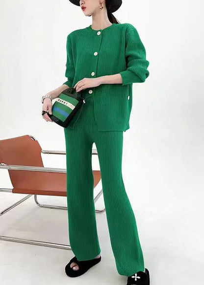 Khaki Asymmetrical Button Patchwork Cotton Knit Two Pieces Set Fall