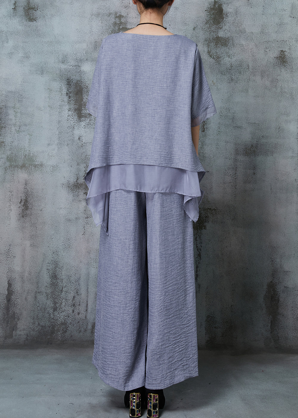 Grey Oversized Patchwork Linen Two Pieces Set Summer