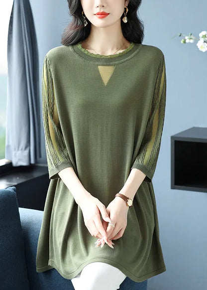 Green O Neck Patchwork Ice Silk Knitted Tops Half Sleeve