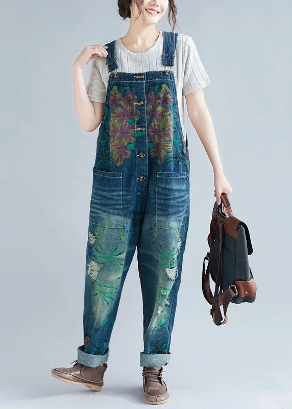 Blue Pockets Patchwork Print Denim Jumpsuit Spring
