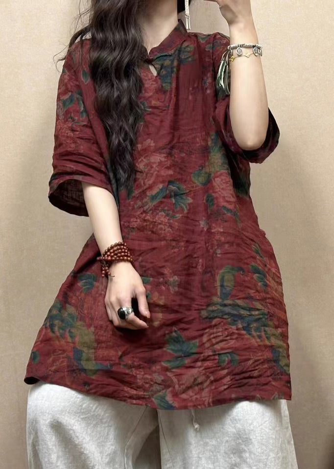 Red Stand Collar Button Print Linen Blouses Half Sleeve