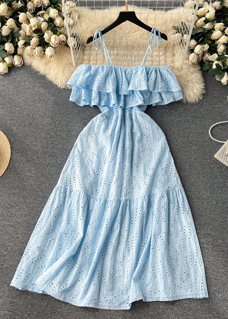 Yellow Slash Neck Hollow Out Cotton Spaghetti Strap Dress Sleeveless