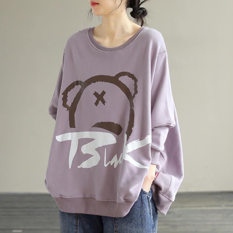 Modern Purple Cartoon Print Cotton Shirts O Neck Loose Spring Shirts