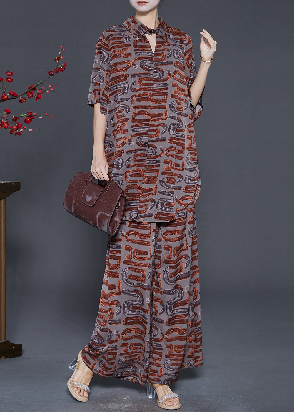 Brown Print Chiffon Two Piece Set Clothing Notched Summer