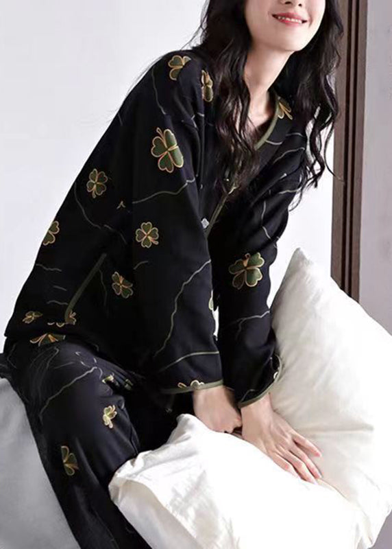 Black Print Button Cotton Two Pieces Set Long Sleeve