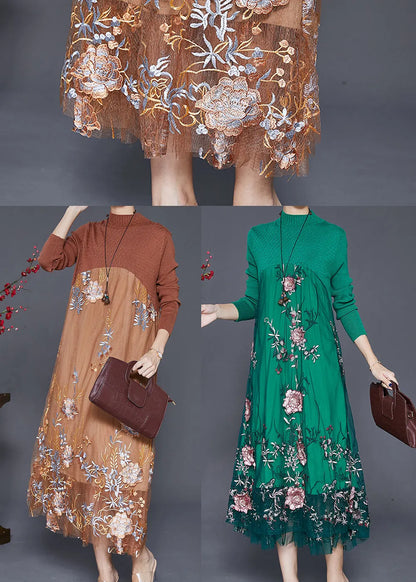 Fine Khaki Embroideried Patchwork Knit Dress Fall