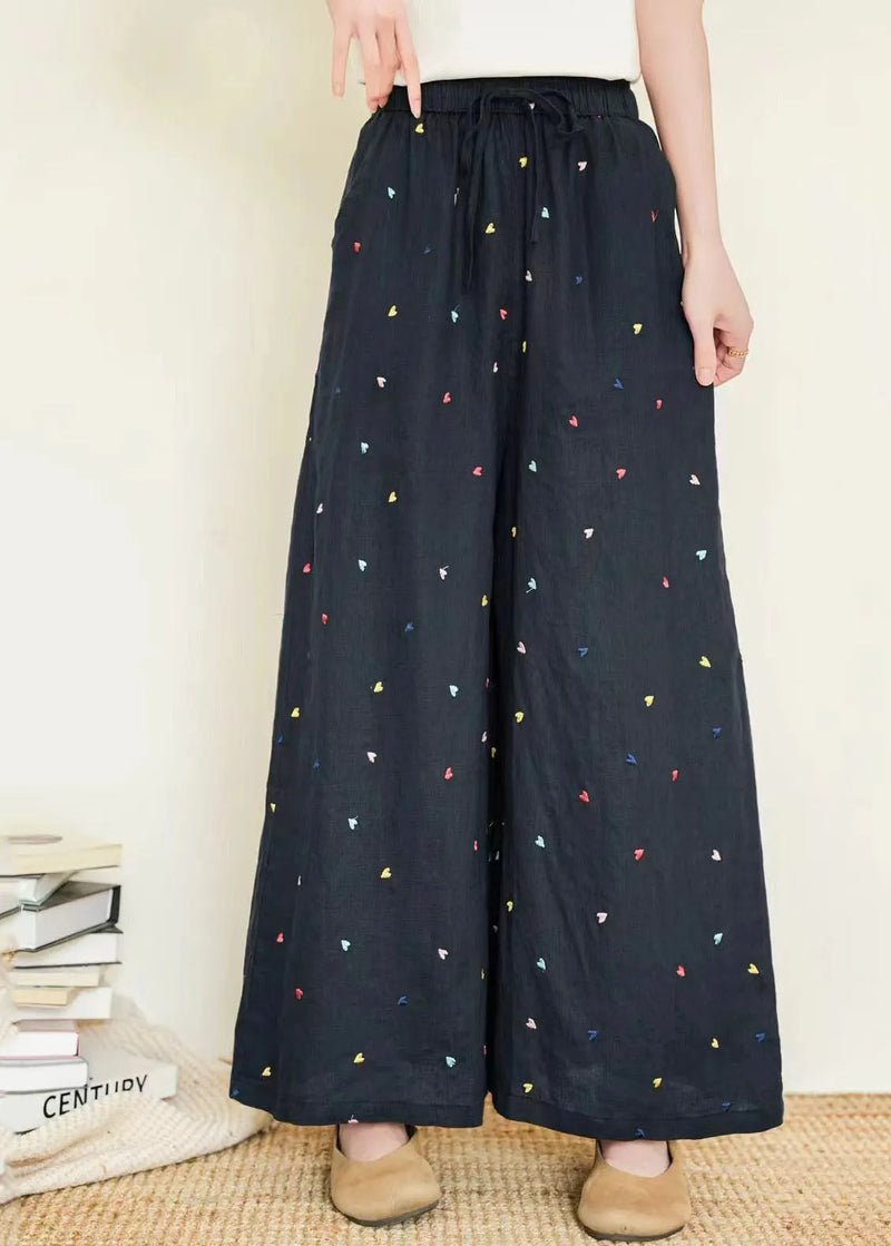 Black Embroidered Linen Wide Leg Pants Summer