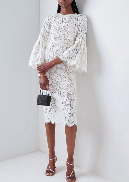 Beige Hollow Out Side Open Lace Dress Flare Sleeve