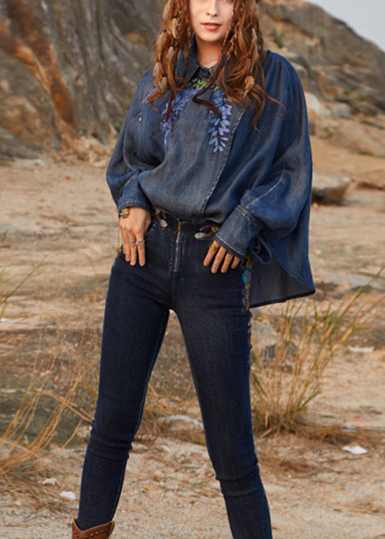 Novelty Denim Blue Asymmetrical Design Peter Pan Collar Embroideried Cotton Top Long Sleeve