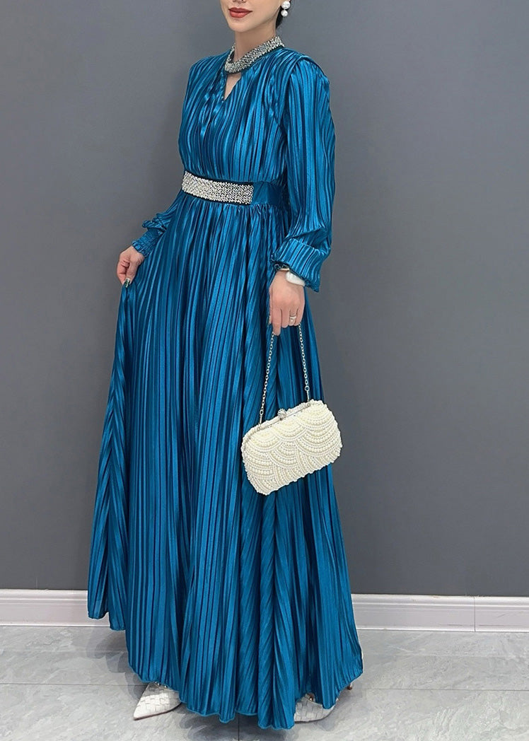 Blue V Neck Wrinkled Maxi Dress Long Sleeve