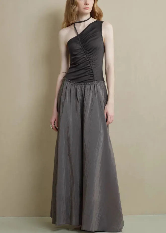Fine Black Asymmetrical Ruffled Knitting Cotton Patchwork Long Dress Sleeveless