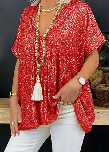 Gold V Neck Sequins Tops Summer