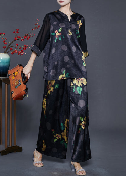 Black Oversized Print Draping Silk Two Pieces Set