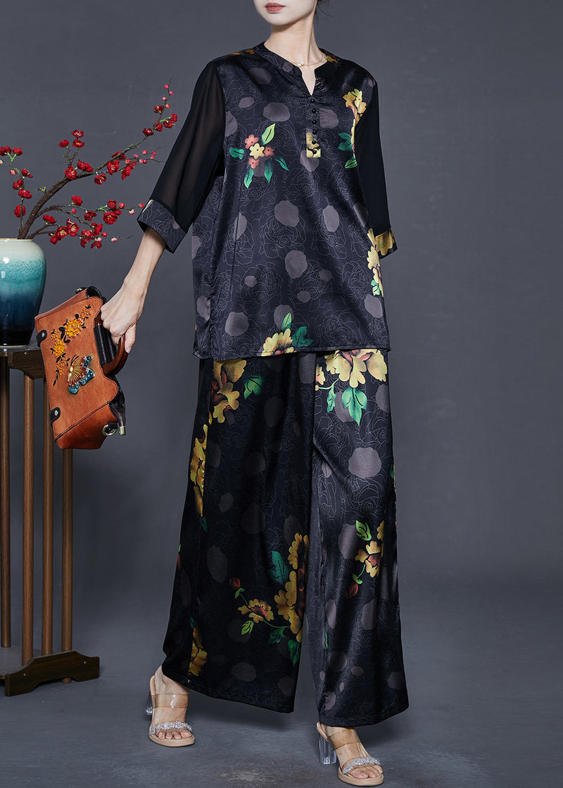 Black Oversized Print Draping Silk Two Pieces Set