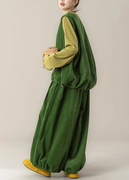 Grass Green Vest T Shirt and Pants Corduroy Three Pieces Set Spring