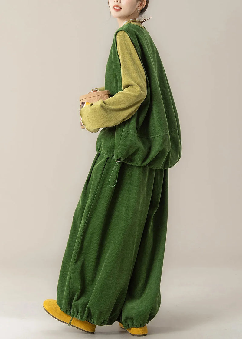 Grass Green Vest T Shirt and Pants Corduroy Three Pieces Set Spring