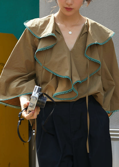 Khaki V Neck Ruffled Patchwork Cotton Shirts Fall