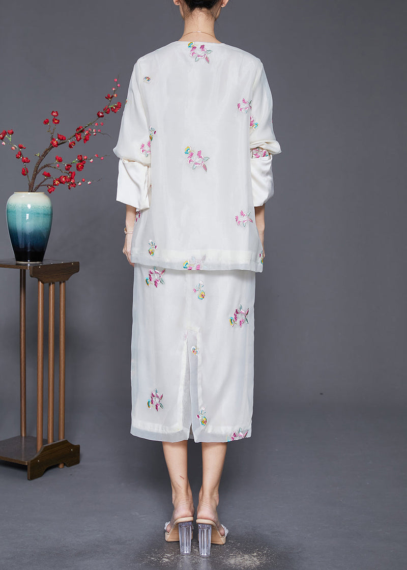 White Embroideried Chinese Button Silk Two-piece Set Fall