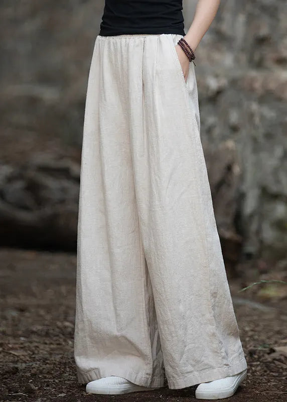 Navy Pockets Elastic Waist Linen Wide Leg Pants Summer