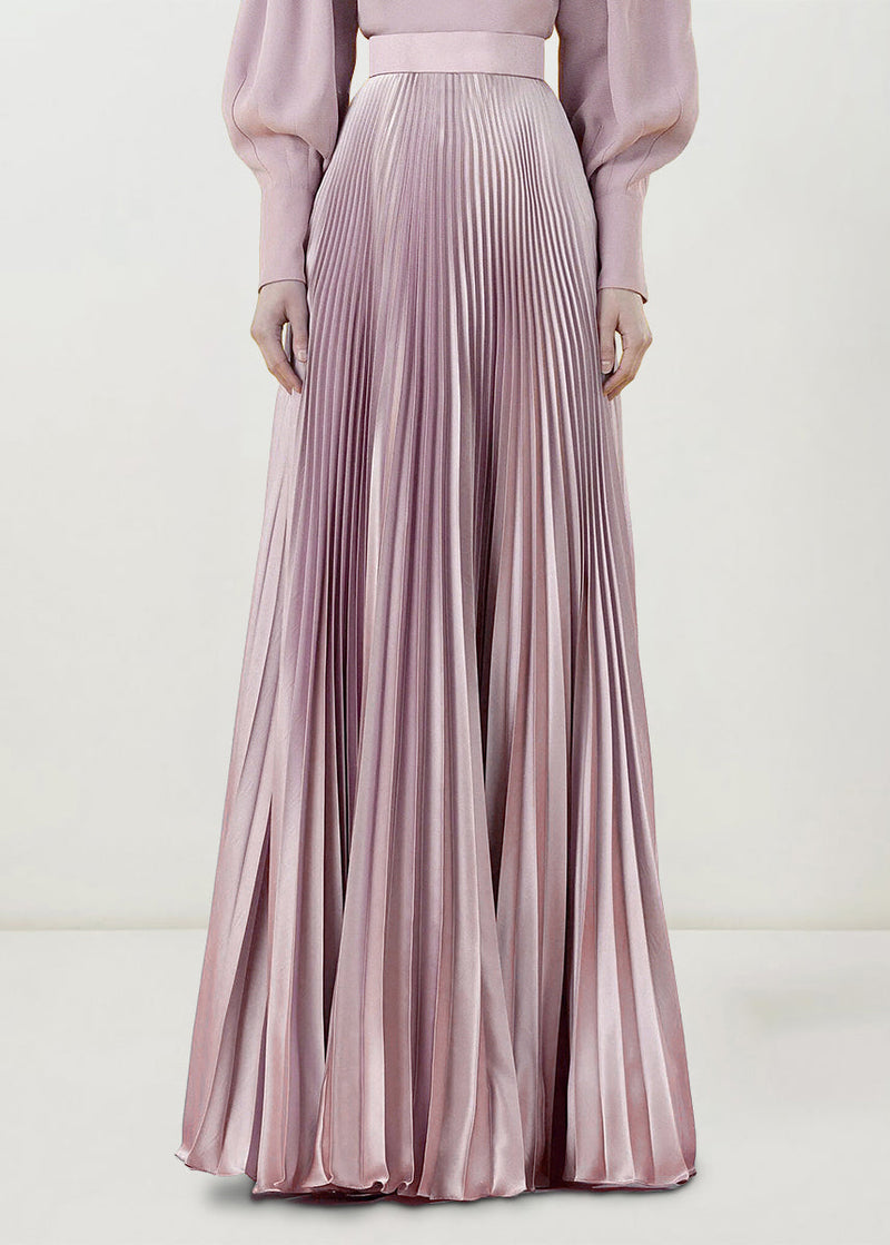 New Pink O Neck Wrinkled Patchwork Silk Maxi Two Piece Set Spring