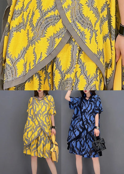 Blue Print Tops and Shorts Two Piece Suit Set Asymmetrical Side Open Summer