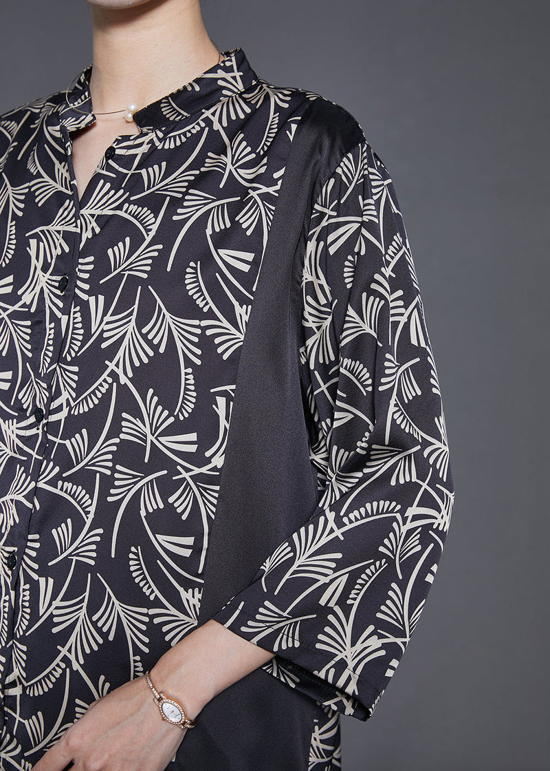 Stylish Black Oversized Patchwork Print Silk Two Piece Set Fall