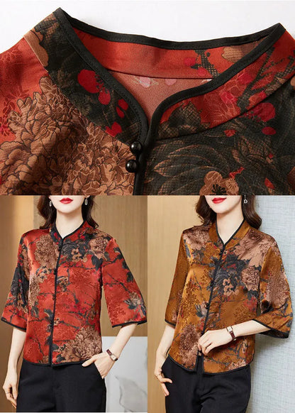 White Geometry Mandarin Collar Print Silk Shirt Tops Half Sleeve