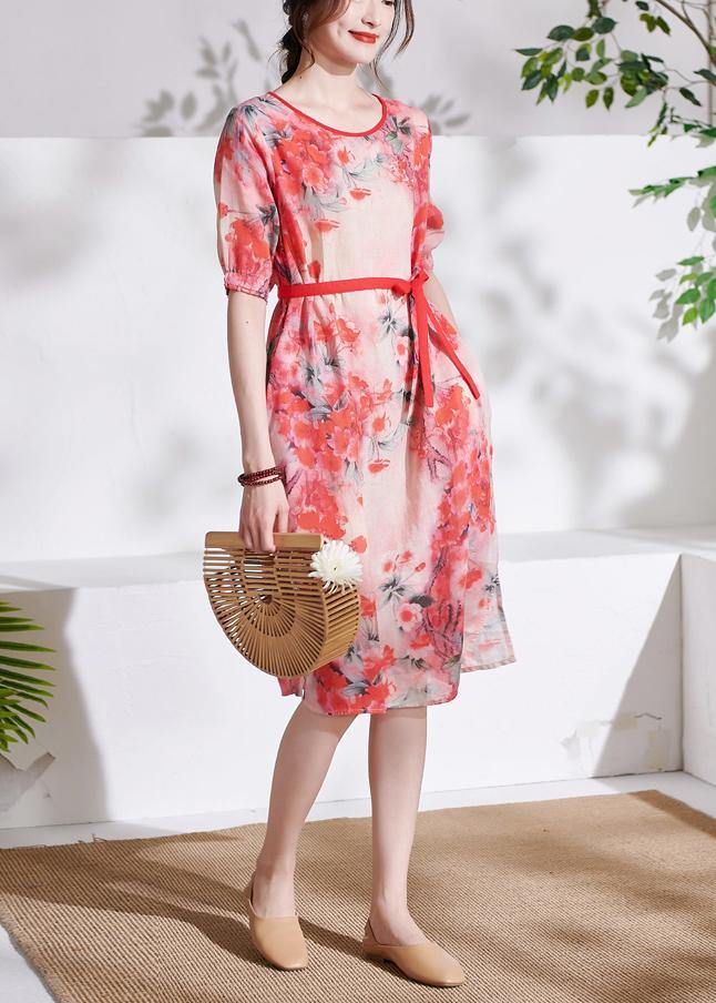 Red Tie Waist Patchwork Print Summer Ramie Dresses Short Sleeve