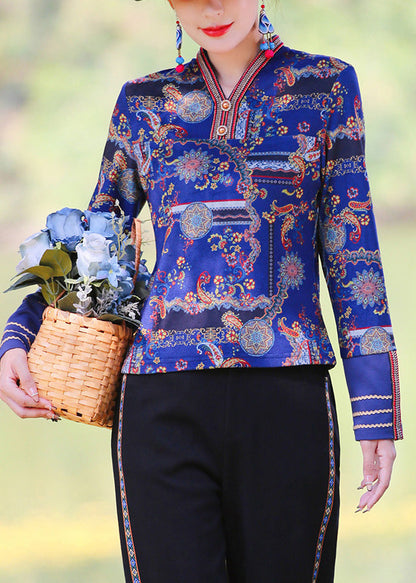 Blue V Neck Print Button Tops Spring