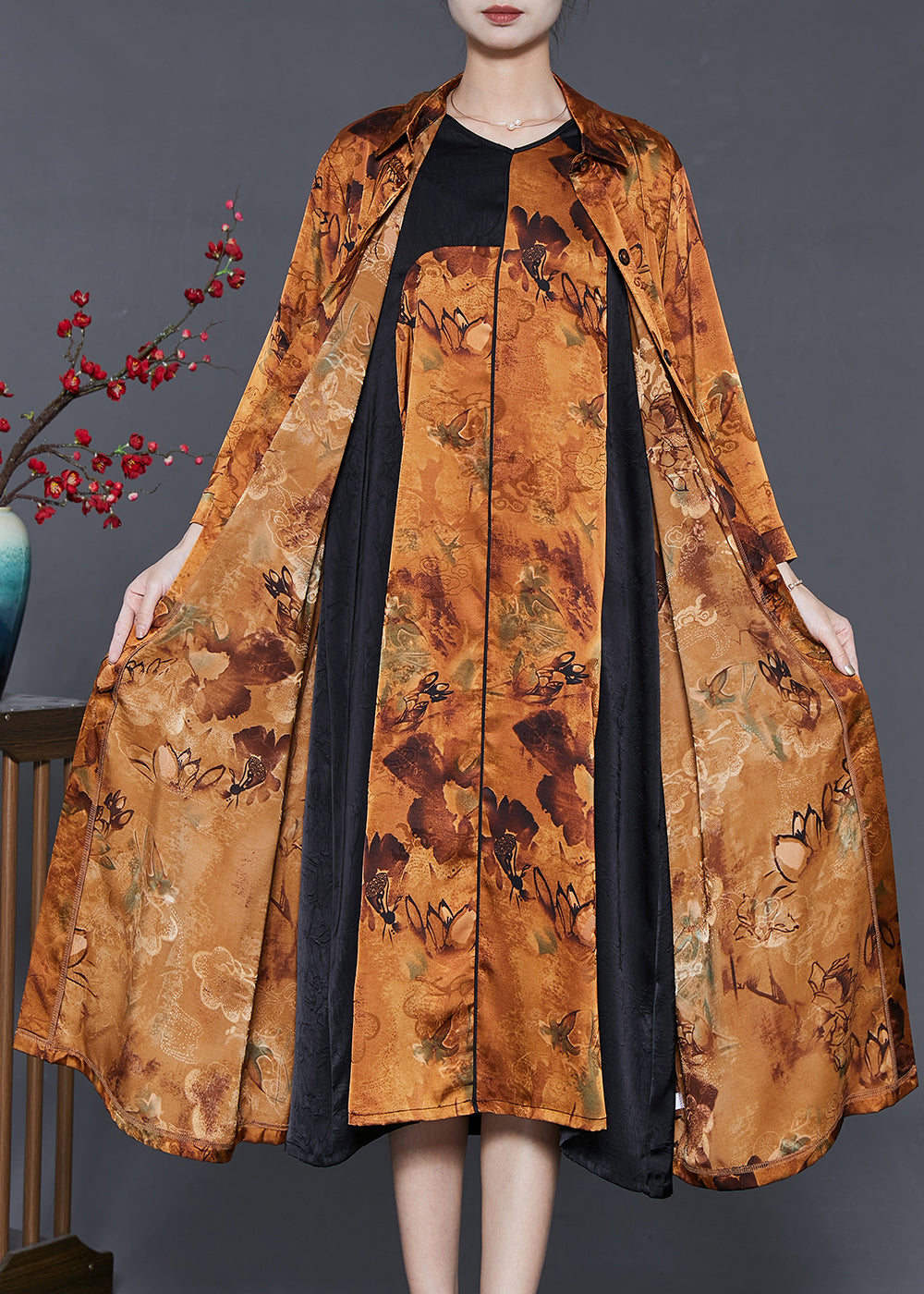 Stylish Brown Oversized Patchwork Print Silk Two Piece Set Outfits Spring
